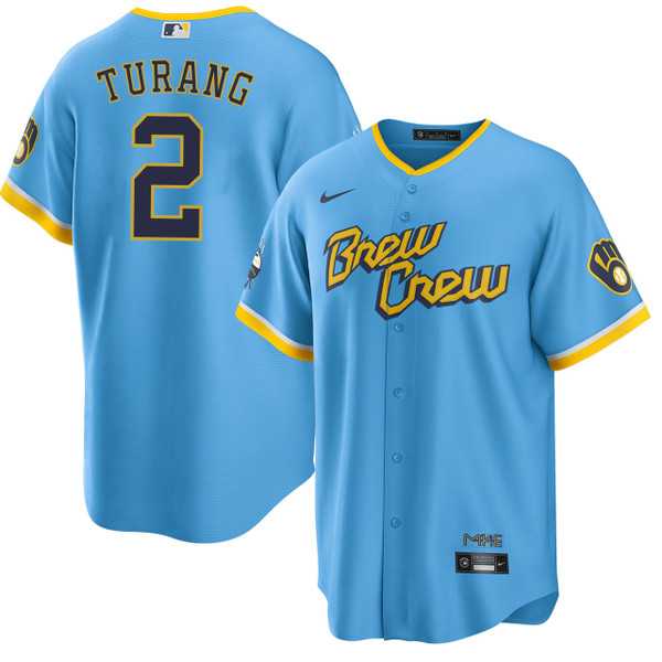 Men%27s Milwaukee Brewers #2 Brice Turang Blue 2022 City Connect Cool Base Stitched Jersey->los angeles dodgers->MLB Jersey